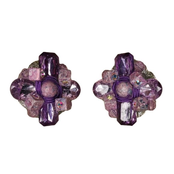 Vintage Lavender Gems One of A Kind Artisan Handmade Clip-On Earrings - Picture 9 of 9